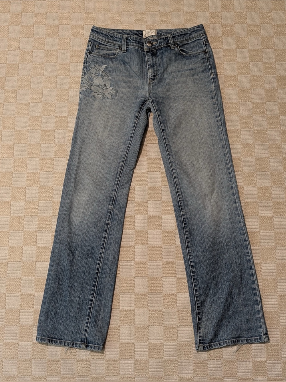 White House Black Market Y2K low rise bootcut jeans with embroidered floral desi